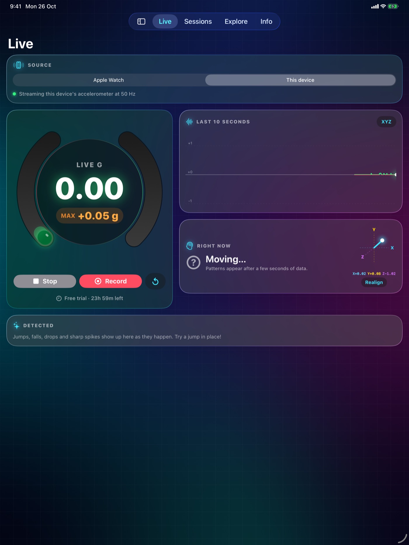 G-Force Lab on iPad, live gauge and chart