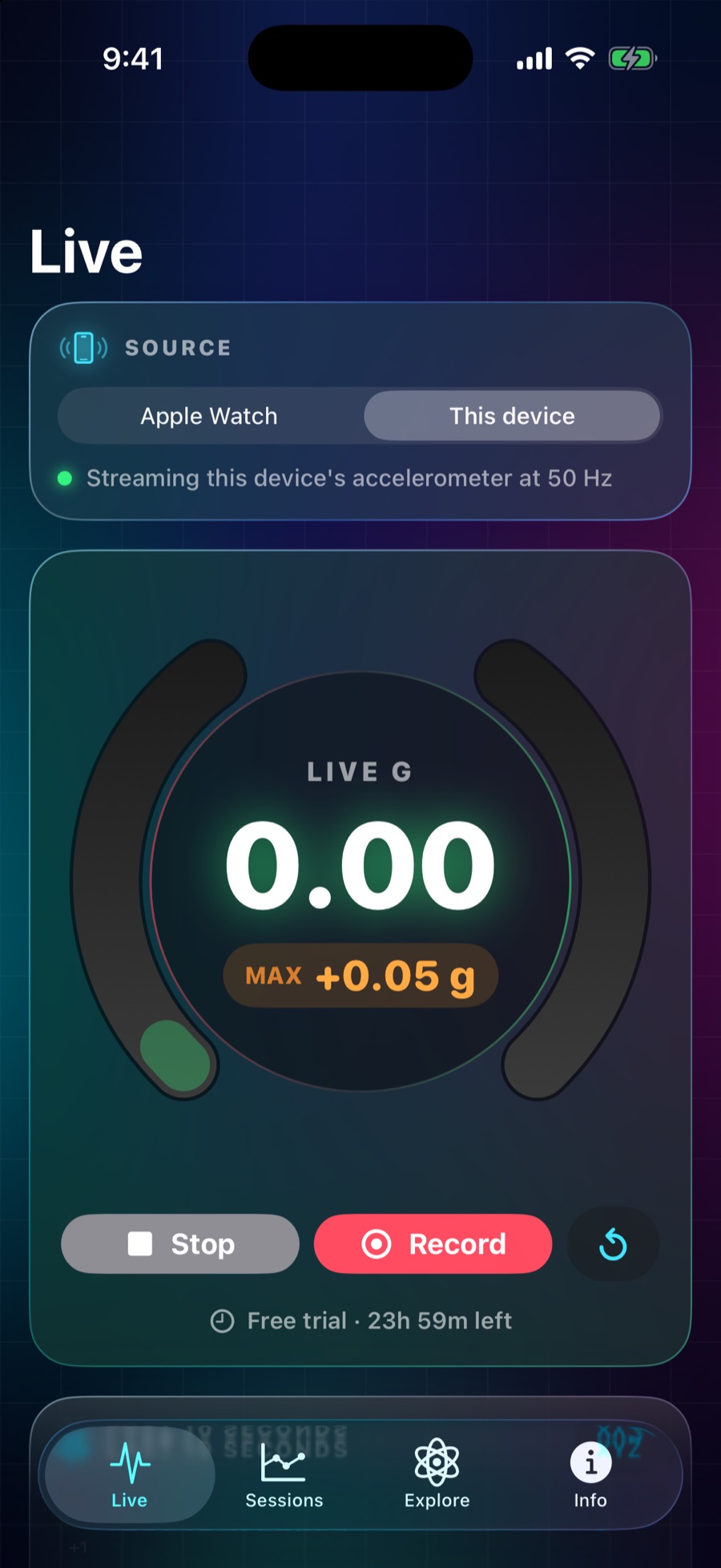 G-Force Lab live gauge on iPhone, streaming from Apple Watch at 50 Hz